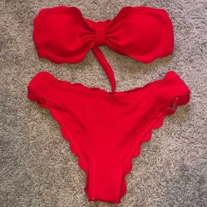 Red ruffled strapless bikini